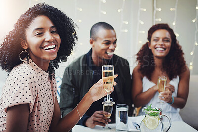 Buy stock photo Friends, champagne and woman at party with celebration and event from engagement announcement. Alcohol, glasses and smile with congratulations, reunion and holiday drinks in home with achievement