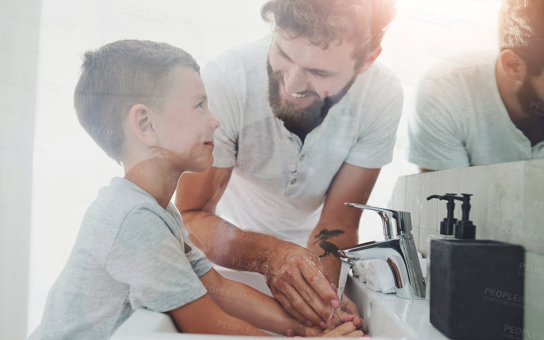 Buy stock photo Bathroom, dad and child washing hands with soap, smile and teaching healthy hygiene in mirror. Cleaning, dirt and germs on fingers with happy boy, father and morning wellness for skincare in home.