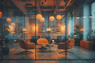 Business, empty office and lounge area with furniture for meeting, presentation or modern workplace. Bokeh, company and hallway with potted plant for contemporary building, creative or design agency