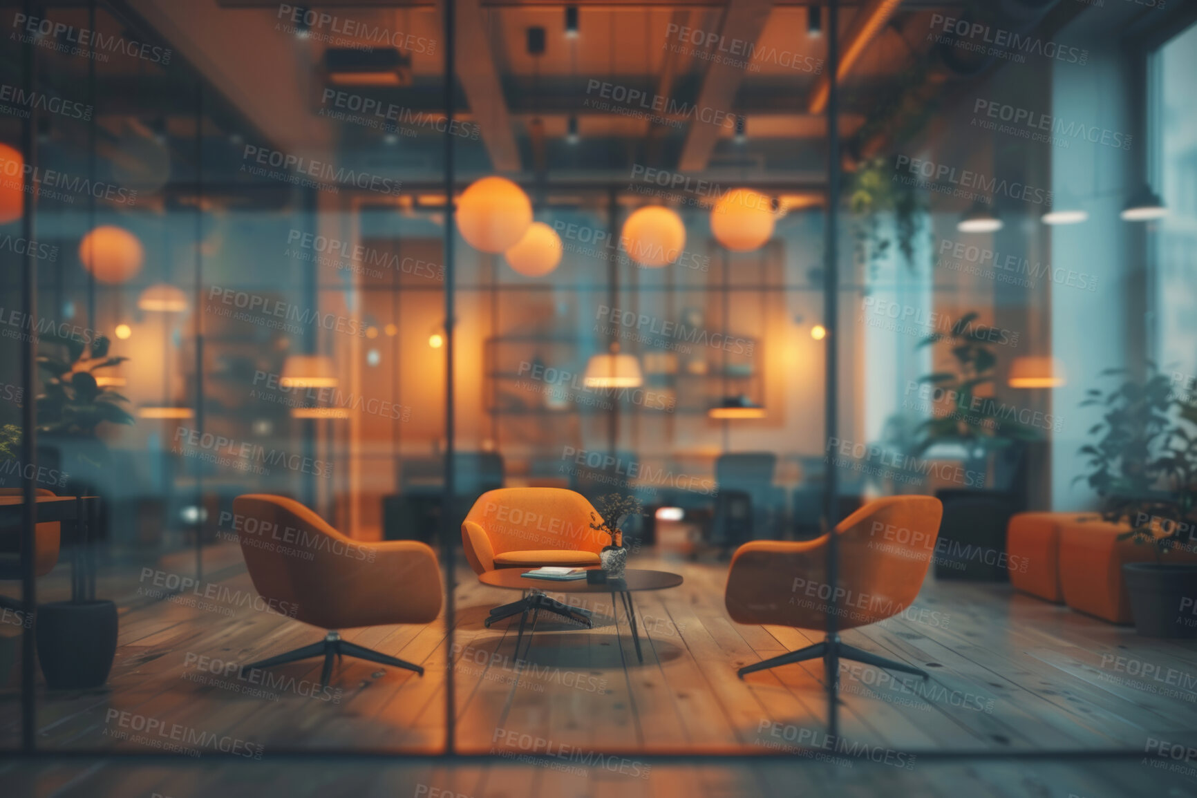 Buy stock photo Business, empty office and lounge area with furniture for meeting, presentation or modern workplace. Bokeh, company and hallway with potted plant for contemporary building, creative or design agency