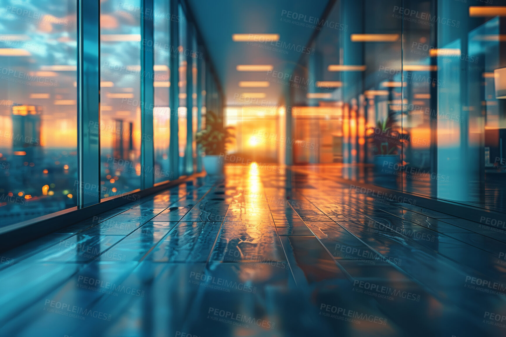 Buy stock photo Office, passage and corridor in empty builder, interior design and workplace or company in morning indoor. Sunrise, property and walkway or path with glass windows, no one and professional space