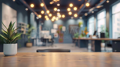 Buy stock photo Business, interior and potted plant on desk in office with space for corporate or professional decor. Background, green and table with plants on wooden surface in workplace for natural decoration