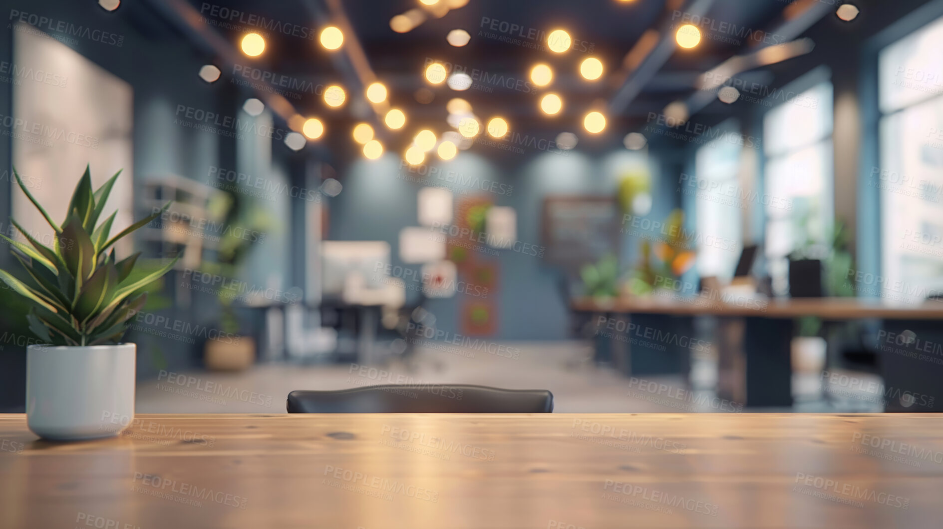 Buy stock photo Business, interior and potted plant on desk in office with space for corporate or professional decor. Background, green and table with plants on wooden surface in workplace for natural decoration