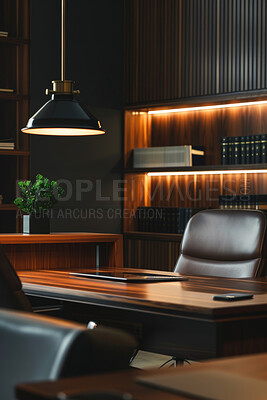 Office, design and dark interior with desk, laptop and empty or table in modern workspace in business. Productivity, room and lights for professional work, chair and plant with nobody or furniture