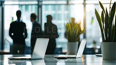Buy stock photo Laptop, desk and office or agency with workplace tech for meeting or presentation in business. Corporate, email and strategy with internet or computer on table with wireless in boardroom for job.