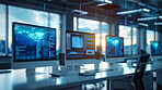 Computer, screen and empty office control room furniture, innovation and workplace for research opportunity. Software, development and tech business interior for programming, coding or cybersecurity