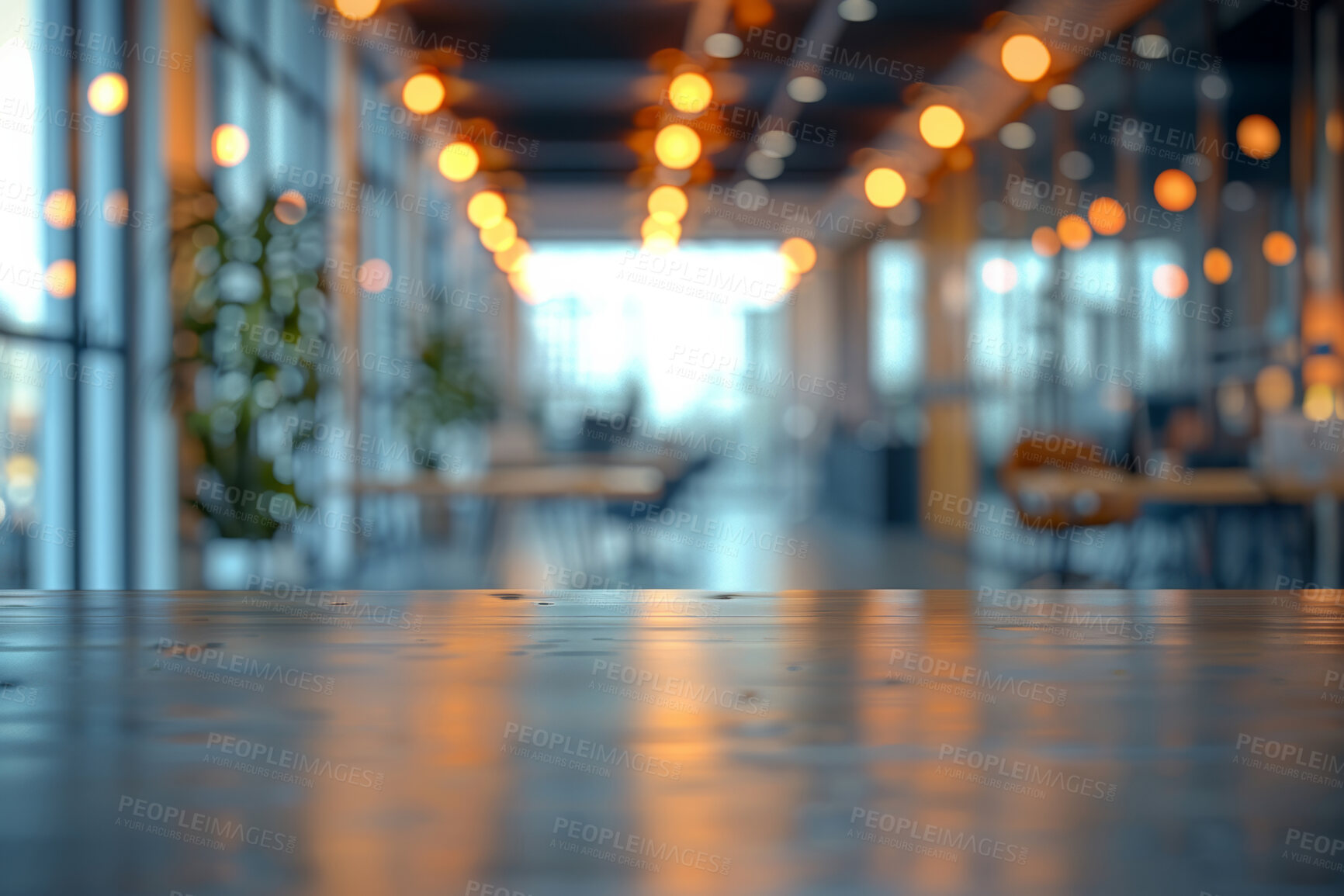 Buy stock photo Business, empty office and interior with furniture for meeting, presentation or modern workplace. Bokeh, company and hallway with potted plant for contemporary building, creative or design agency