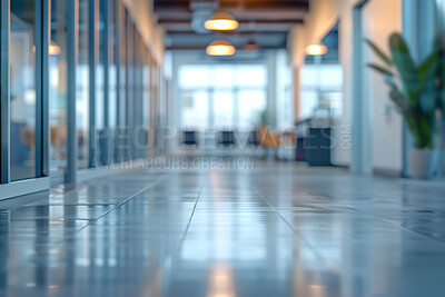 Hallway, empty office and business with furniture for meeting, presentation or modern workplace. Blurred, company and corridor with potted plant for contemporary building, creative or fashion agency