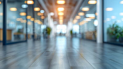 Floor, empty office and hallway with furniture for meeting, presentation or modern workplace. Bokeh, company and corridor with potted plant for contemporary building, creative or design agency