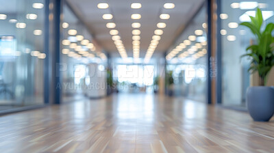 Empty, office floor and hallway with potted plant for structure, industrial design or modern workplace. Bokeh, company and interior with corridor for contemporary building, creative or music agency