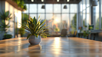 Background, interior and potted plant on table in office with space for corporate or professional decor. Business, desk and green with plants on wooden surface in workplace for natural decoration