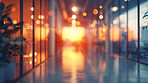 Business, empty office and blurred lobby with sunshine, bokeh and city workplace with opportunity. Sunset, interior and hallway in urban building with light flare, window and professional space