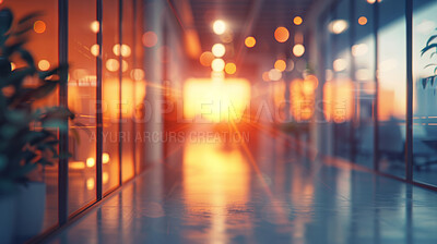 Business, empty office and blurred lobby with sunshine, bokeh and city workplace with opportunity. Sunset, interior and hallway in urban building with light flare, window and professional space