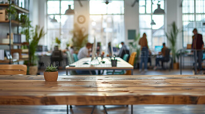 Table, wood and empty with plant or aesthetics for business, startup or workplace with light. Desk, chair and people in office for company with creative design, furniture or building with flare