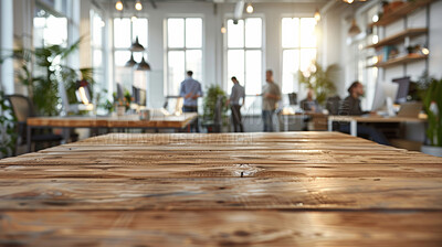 Table, furniture and business people in modern office, ergonomics and layout with wood, textures and surface. Group, staff and employees with desk, comfort and sunshine with workplace and space