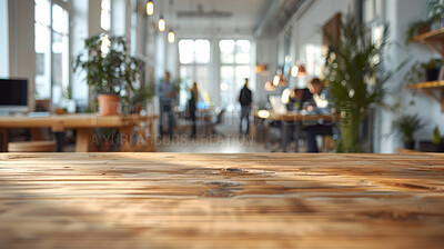 Business, furniture and blurred office with people in creative coworking space for career opportunity. Design, teamwork and wooden table at professional agency with plants, tech and online service