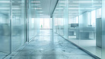 Hallway, empty office and interior with furniture for workstation, clean floor or modern workplace. Structure, company and corridor for contemporary building, corporate or recruitment agency