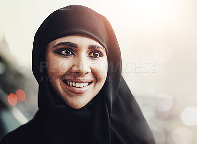 Buy stock photo Happy, face and muslim woman outdoor with bokeh, mockup and joy for spiritual adventure on light background. Islamic, travel and Mecca for Hajj, Ramadan Kareem and Eid celebration in holy city