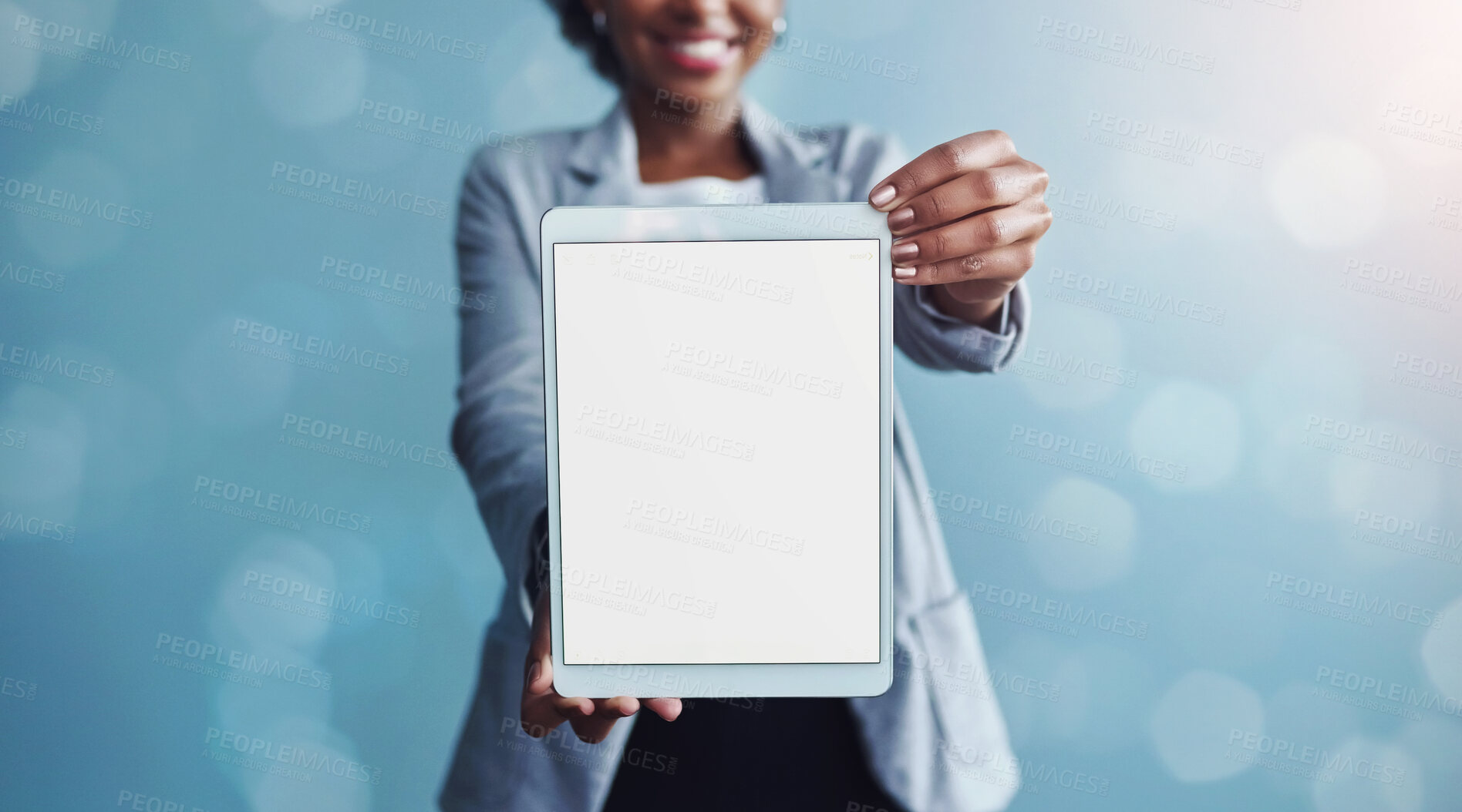 Buy stock photo Blank screen and copyspace on a tablet screen with a woman showing a digital device. Closeup of female hands holding tech product. Portrait of a smiling person posing with and embracing technology