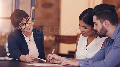 Buy stock photo Happy people, financial advisor and consulting couple for contract, loan application and asset management. Finance consultant, meeting and sign paperwork for banking investment, policy and insurance