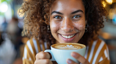Woman, face and happy in cafe for coffee to relax, break and breakfast. Female person, fun and happy or satisfied with cup of tea to chill and self care in portrait in restaurant to enjoy on day off