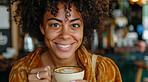 Woman, face and cafe with smile for coffee to relax, break  and lunch. Female person, fun and happy or satisfied with cup or mug to chill and self care in portrait in restaurant to enjoy day off