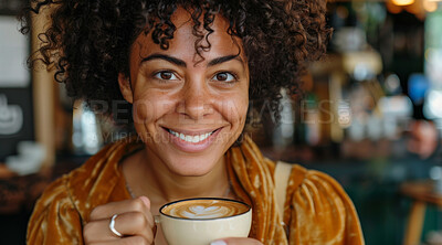 Buy stock photo Woman, face and cafe with smile for coffee to relax, break  and lunch. Female person, fun and happy or satisfied with cup or mug to chill and self care in portrait in restaurant to enjoy day off