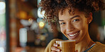 Woman, portrait and cafe with smile for coffee to relax, break  and lunch. Female person, face and happy or satisfied with cup of tea to chill and self care with fun in restaurant to enjoy on day off