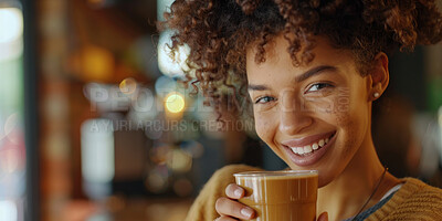Woman, portrait and cafe with smile for coffee to relax, break and lunch. Female person, face and happy or satisfied with cup of tea to chill and self care with fun in restaurant to enjoy on day off