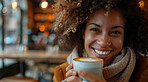 Woman, face and restaurant with smile for coffee to relax, break  and lunch. Female person, fun and happy or satisfied with cup to chill and self care in portrait in cafe to enjoy on day off