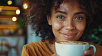 Woman, face and happy in cafe for coffee to relax, break  and lunch. Female person, fun and smile or satisfied with cup or mug to chill and self care in portrait in restaurant to enjoy on day off