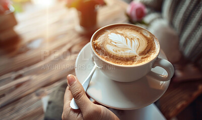 Buy stock photo Hands, coffee cup and person at cafe with latte art, break and caffeine trend experience top view. Foam, leaf and customer relax with espresso design at a restaurant for weekend, chilling or service