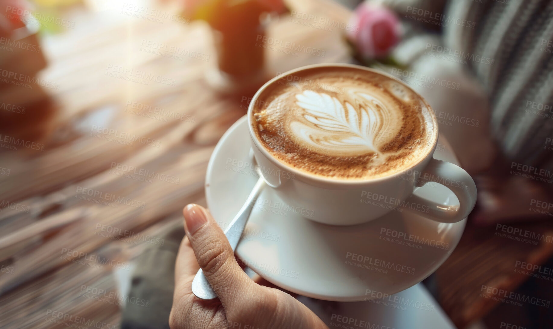 Buy stock photo Hands, coffee cup and person at cafe with latte art, break and caffeine trend experience top view. Foam, leaf and customer relax with espresso design at a restaurant for weekend, chilling or service