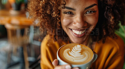 Happy, portrait and woman with coffee break at a cafe for travel, experience and caffeine inspiration. Latte art, relax and face of excited girl customer in restaurant with foam leaf espresso design