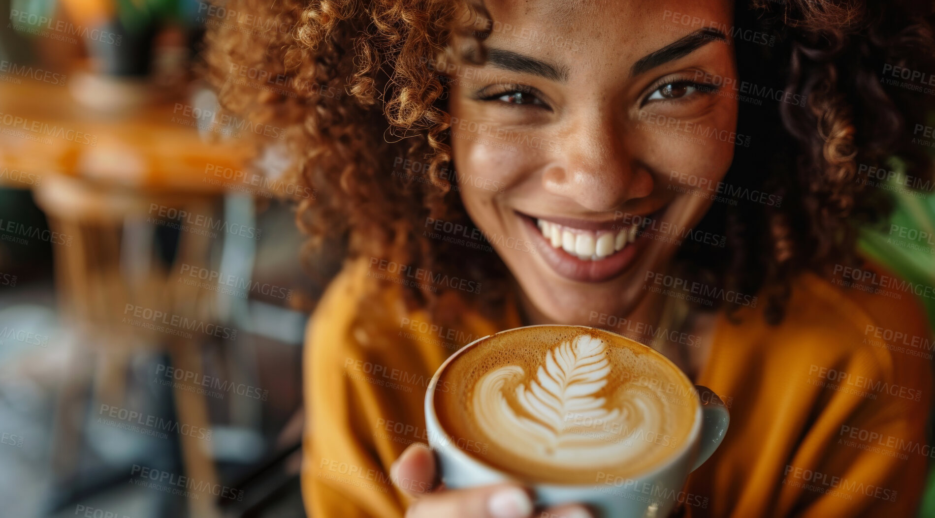 Buy stock photo Happy, portrait and woman with coffee break at a cafe for travel, experience and caffeine inspiration. Latte art, relax and face of excited girl customer in restaurant with foam leaf espresso design