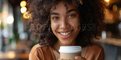 Buy stock photo Woman, face and cafe with smile for coffee to relax, break  and calm. Female person, fun and happy or satisfied with cup of tea to chill and self care in portrait in restaurant to enjoy on day off