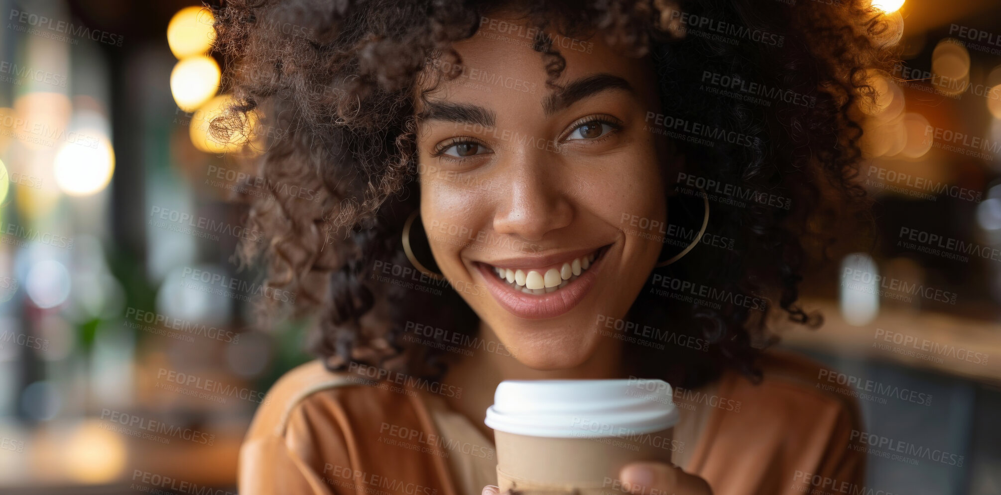 Buy stock photo Woman, face and cafe with smile for coffee to relax, break  and calm. Female person, fun and happy or satisfied with cup of tea to chill and self care in portrait in restaurant to enjoy on day off