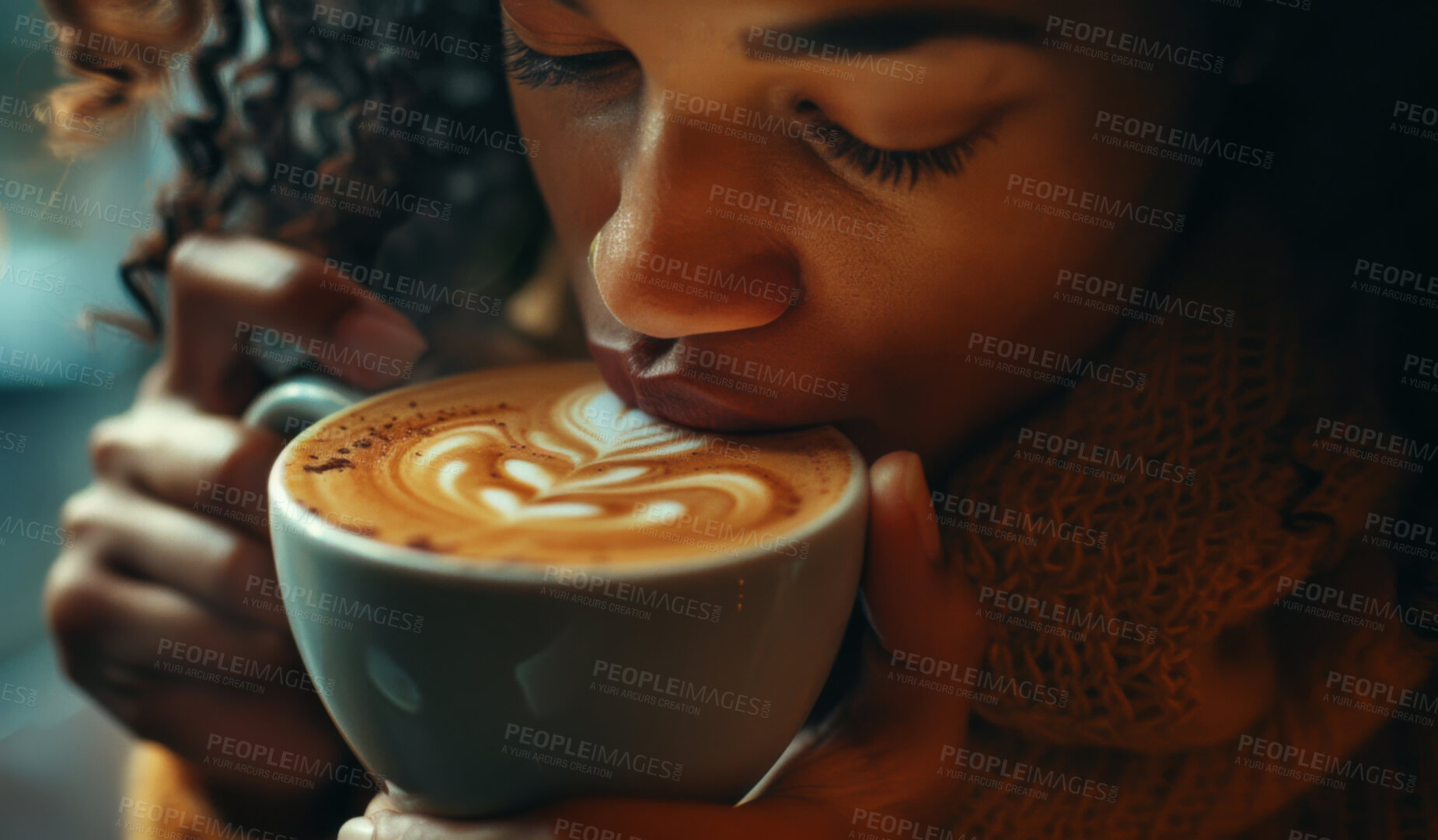 Buy stock photo Coffee cup, drinking and girl at cafe with latte art, break and caffeine, trend or local experience. Foam, leaf or customer relax with espresso design at a restaurant for weekend, chilling or service