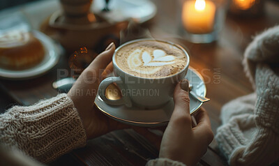 Female person, coffee and closeup with hands for latte art or foam, creative or care with drink. Woman, espresso and zoom with milk in restaurant for winter, barista with inspiration in New York City