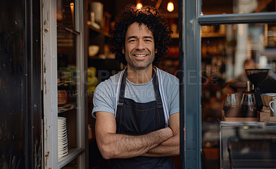 Brazilian man, portrait and happy in coffee shop for business, customer and hospitality. Barista, smile and owner in cafe store or restaurant for startup, entrepreneurship and welcome with confidence
