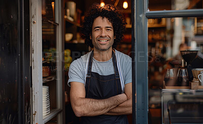 Buy stock photo Brazilian man, portrait and happy in coffee shop for business, customer and hospitality. Barista, smile and owner in cafe store or restaurant for startup, entrepreneurship and welcome with confidence