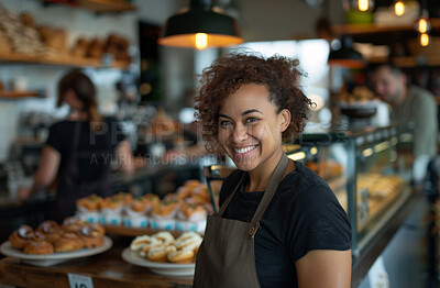 Portrait, barista and black woman in cafe, small business and hospitality with happiness, waitress and confident. Face, person and girl in restaurant, apron and entrepreneur with service and friendly
