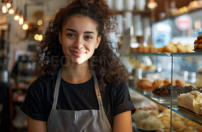 Buy stock photo Portrait, business and happy as woman at cafe with startup, growth and ownership. Coffee shop, waiter and smile or confident with restaurant progress and investment as entrepreneur and proud