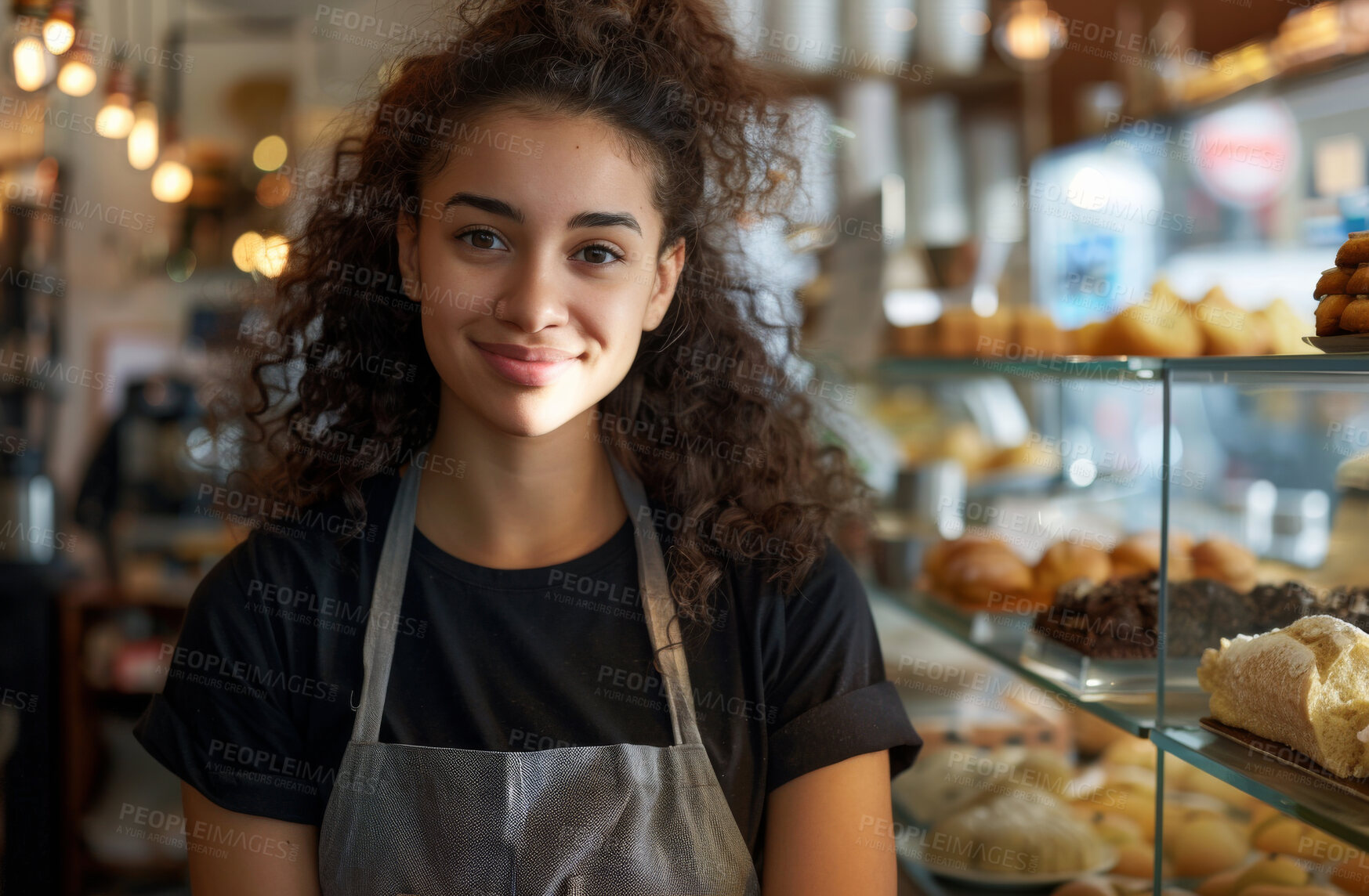 Buy stock photo Portrait, business and happy as woman at cafe with startup, growth and ownership. Coffee shop, waiter and smile or confident with restaurant progress and investment as entrepreneur and proud