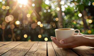 Woman, coffee and closeup with hands and bokeh in garden, trees with wood table and drink. Female person, espresso or milk in restaurant by table for winter, barista with inspiration in Chicago