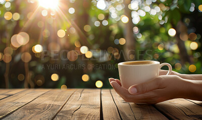 Buy stock photo Woman, coffee and closeup with hands and bokeh in garden, trees with wood table and drink. Female person, espresso or milk in restaurant by table for winter, barista with inspiration in Chicago