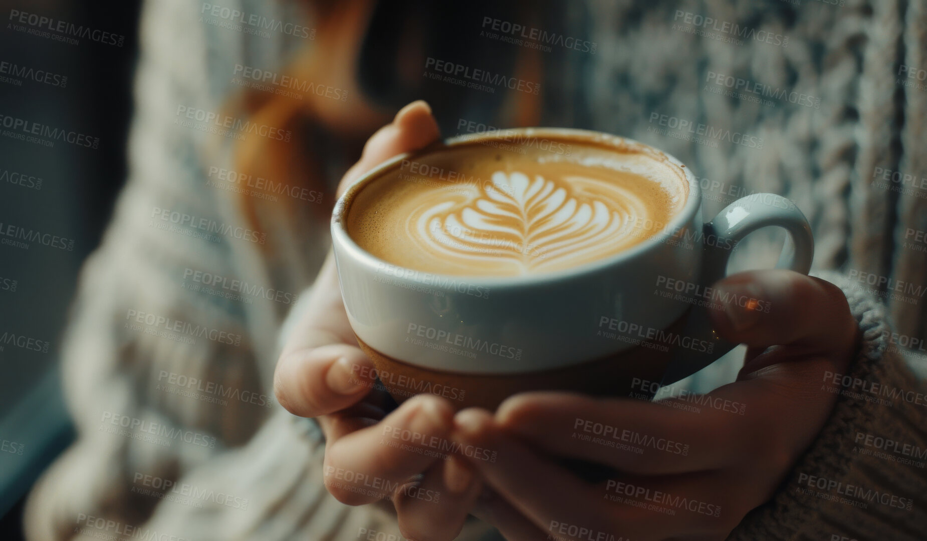 Buy stock photo Hands, coffee cup and woman at cafe with latte art, break and caffeine, trend or local experience. Foam, leaf and customer relax with espresso design at a restaurant for weekend, chilling or service