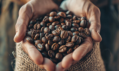 Person, hand and coffee beans with texture of grain for produce, farming and organic harvest. Fresh, roast and farmer with seed in Ethiopia for caffeine ingredient, sustainability and natural growth