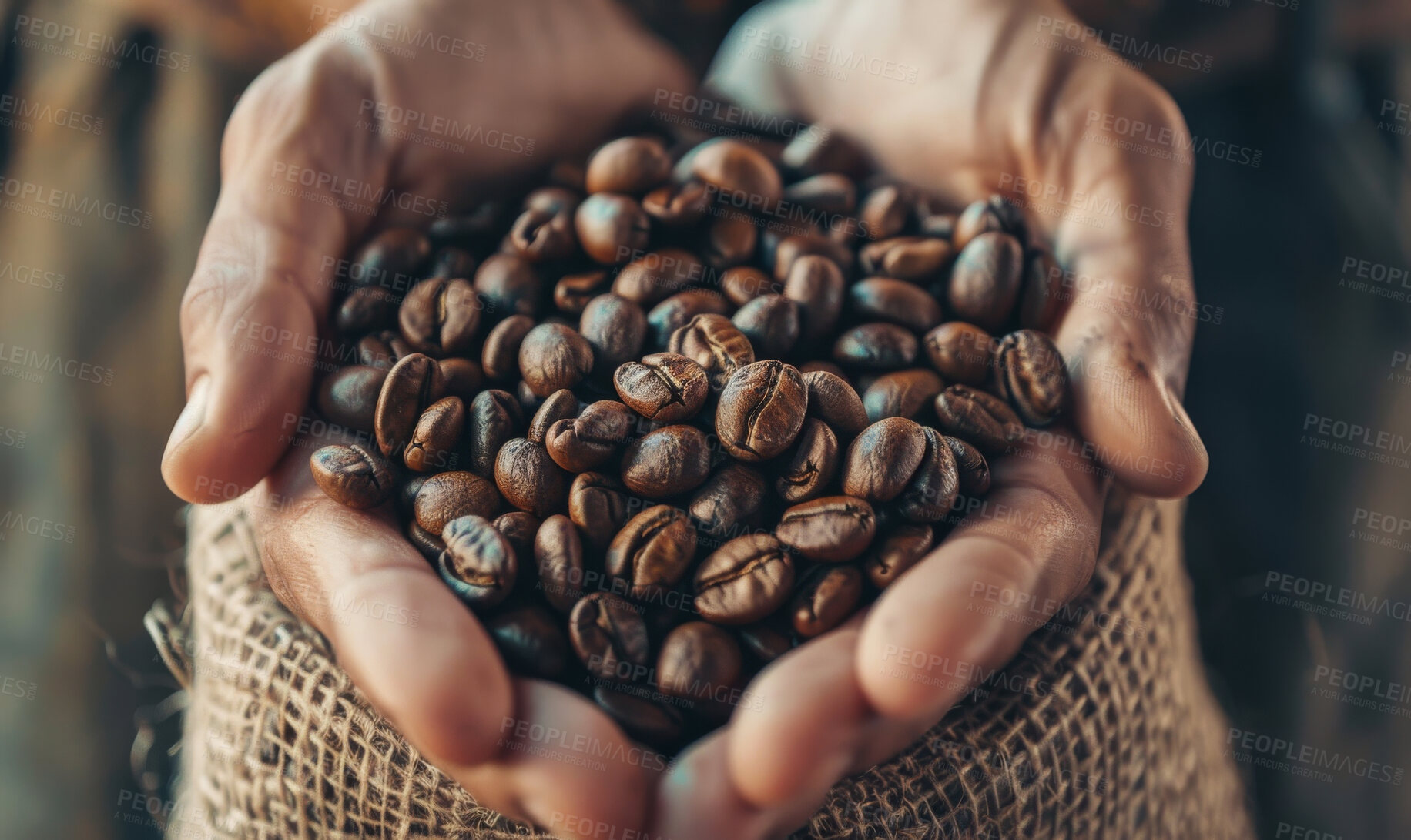 Buy stock photo Person, hand and coffee beans with texture of grain for produce, farming and organic harvest. Fresh, roast and farmer with seed in Ethiopia for caffeine ingredient, sustainability and natural growth