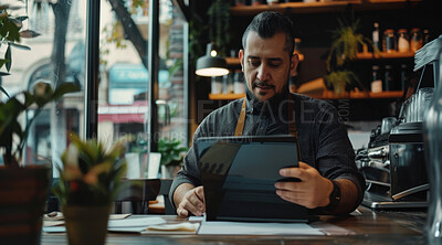 Buy stock photo Tablet, industry and man barista in coffee shop working on stock inventory for startup cafe. Reading, small business and male waiter with digital technology for online website in restaurant.